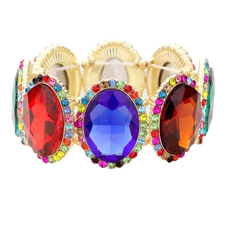 Rhinestone Trim Oval Crystal Stretch Evening Bracelet