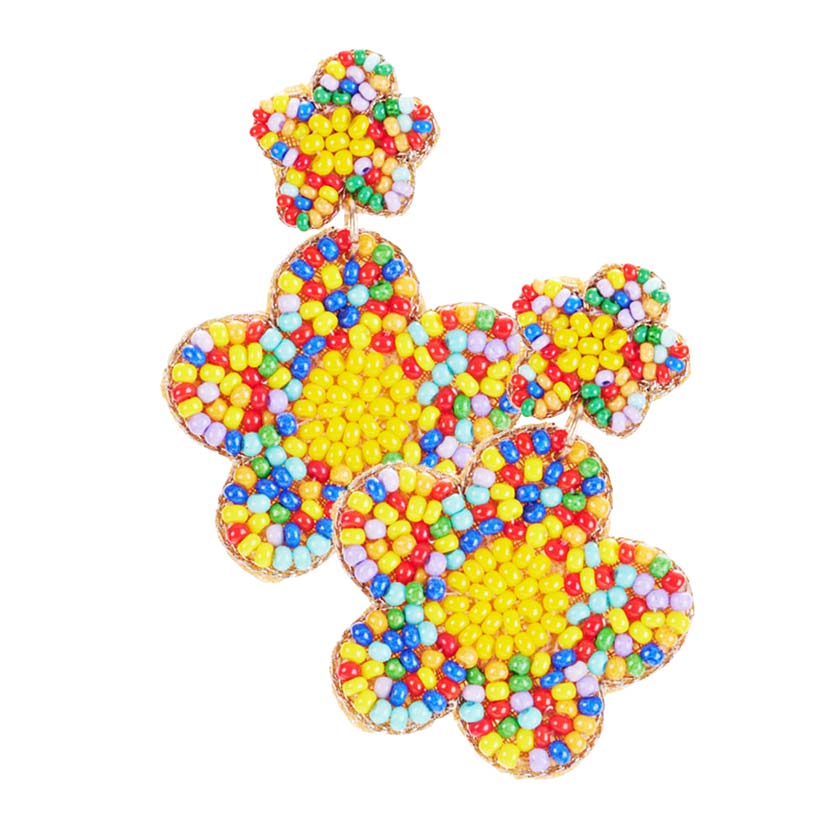 Seed Beaded Double Flower Link Dangle Earrings