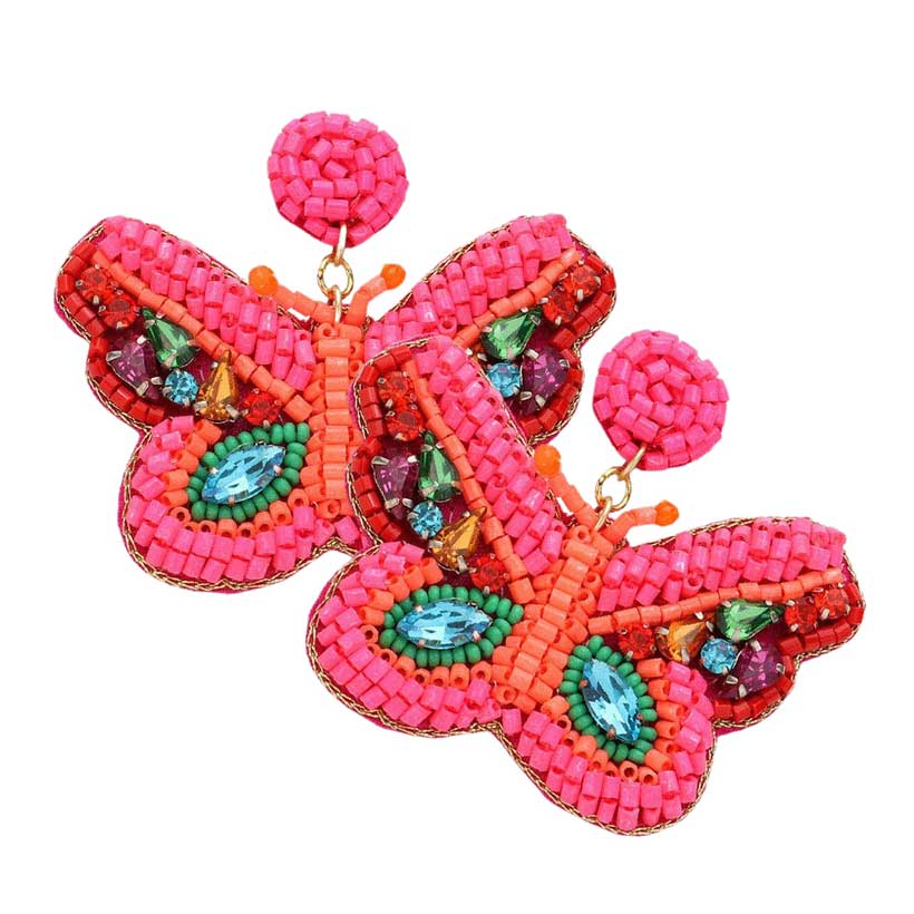 Felt Back Multi Stone Beaded Butterfly Dangle Earrings