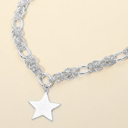 Hammered Metal Star Pendant Chunky Mixed Chain Necklace
