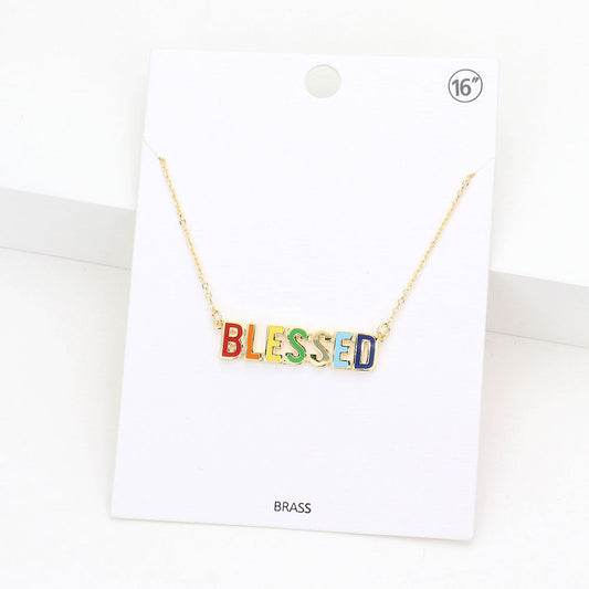 BLESSED Brass Metal Enamel Message Pendant Necklace