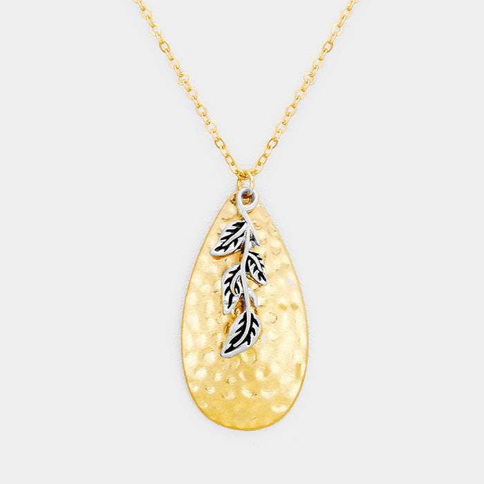 Hammered Teardrop Leaf Charm Pendant Necklace