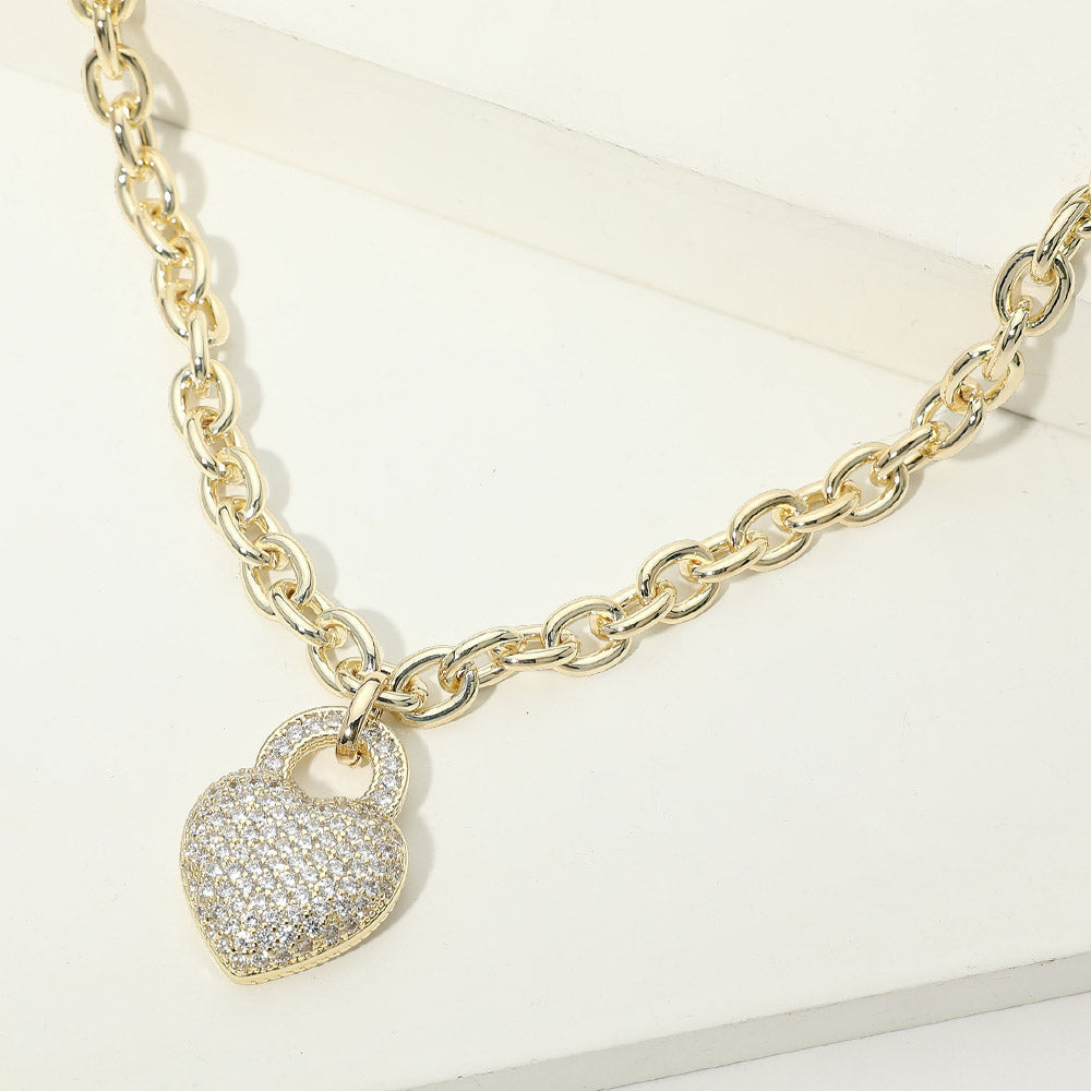 14K Gold Plated CZ Pave Heart Heart Pendant Chunky Chain Necklace