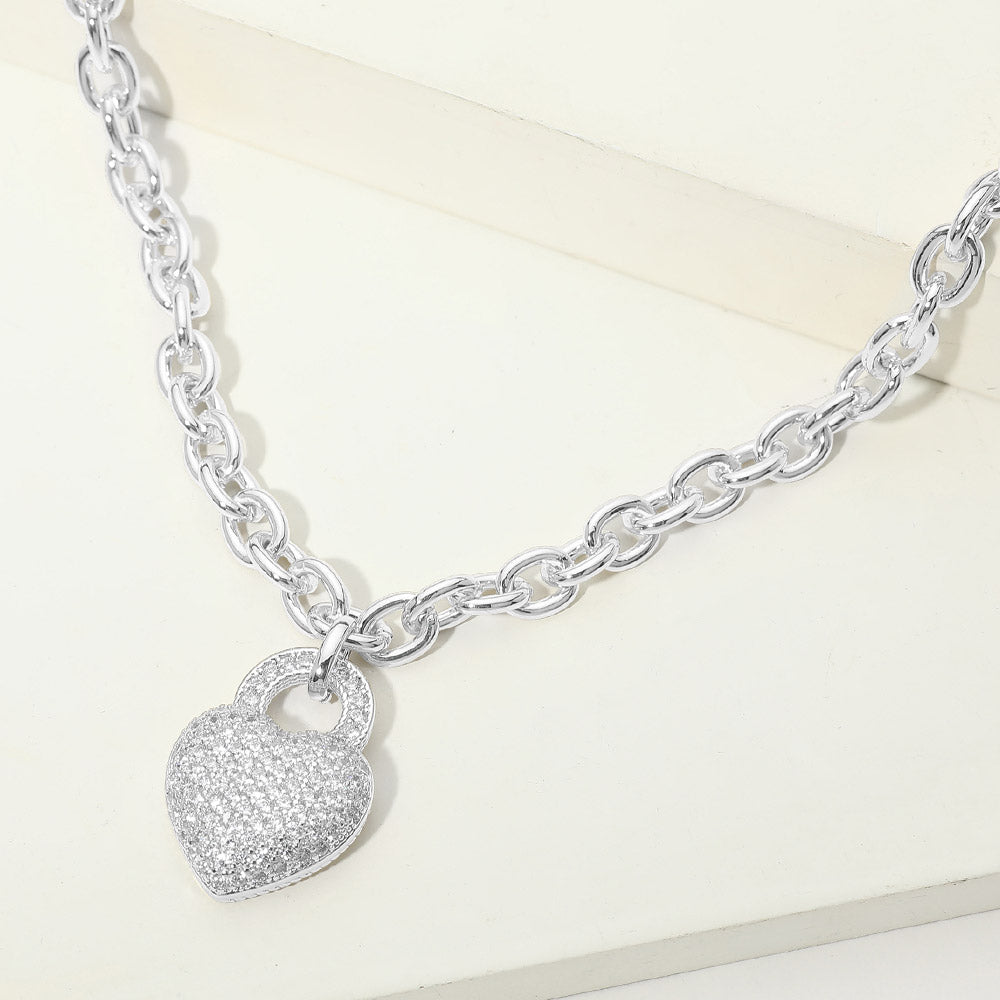 14K Gold Plated CZ Pave Heart Heart Pendant Chunky Chain Necklace