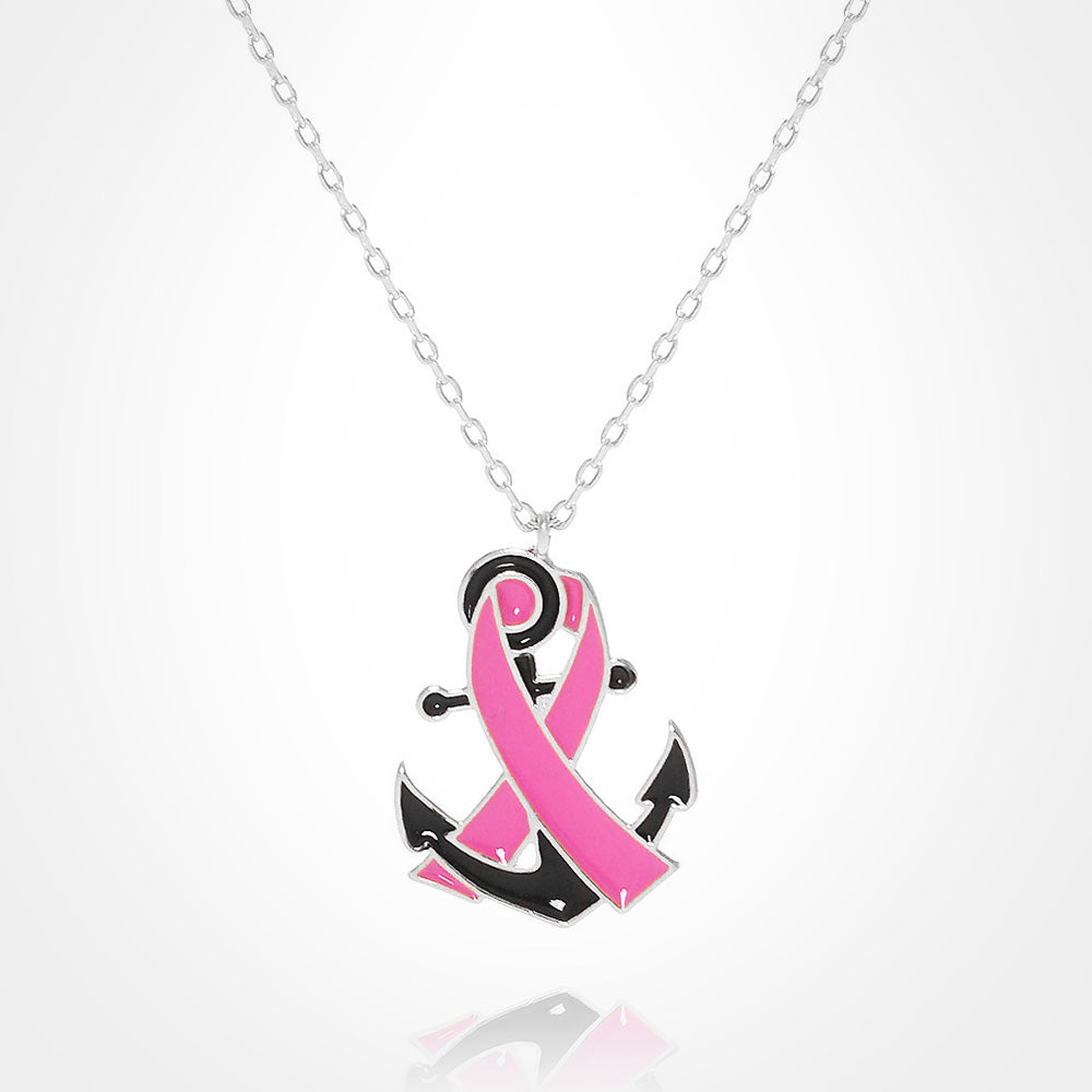 White Gold Dipped Enamel Anchor Pink Ribbon Pendant Necklace