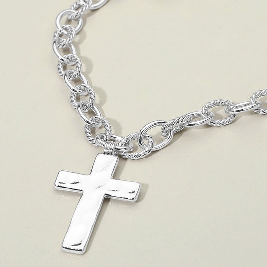 Hammered Metal Cross Chunky Textured Chain Necklace