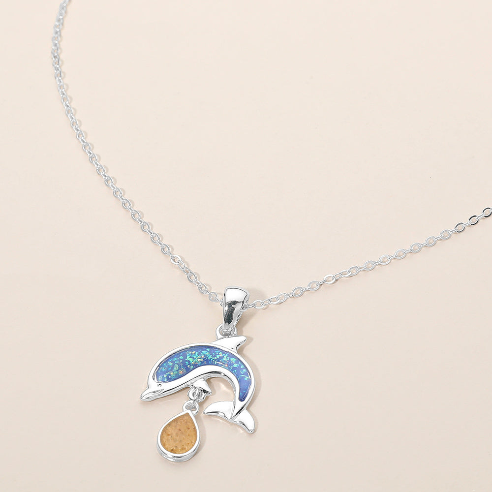 Dolphin Teardrop Charm Pendant Necklace
