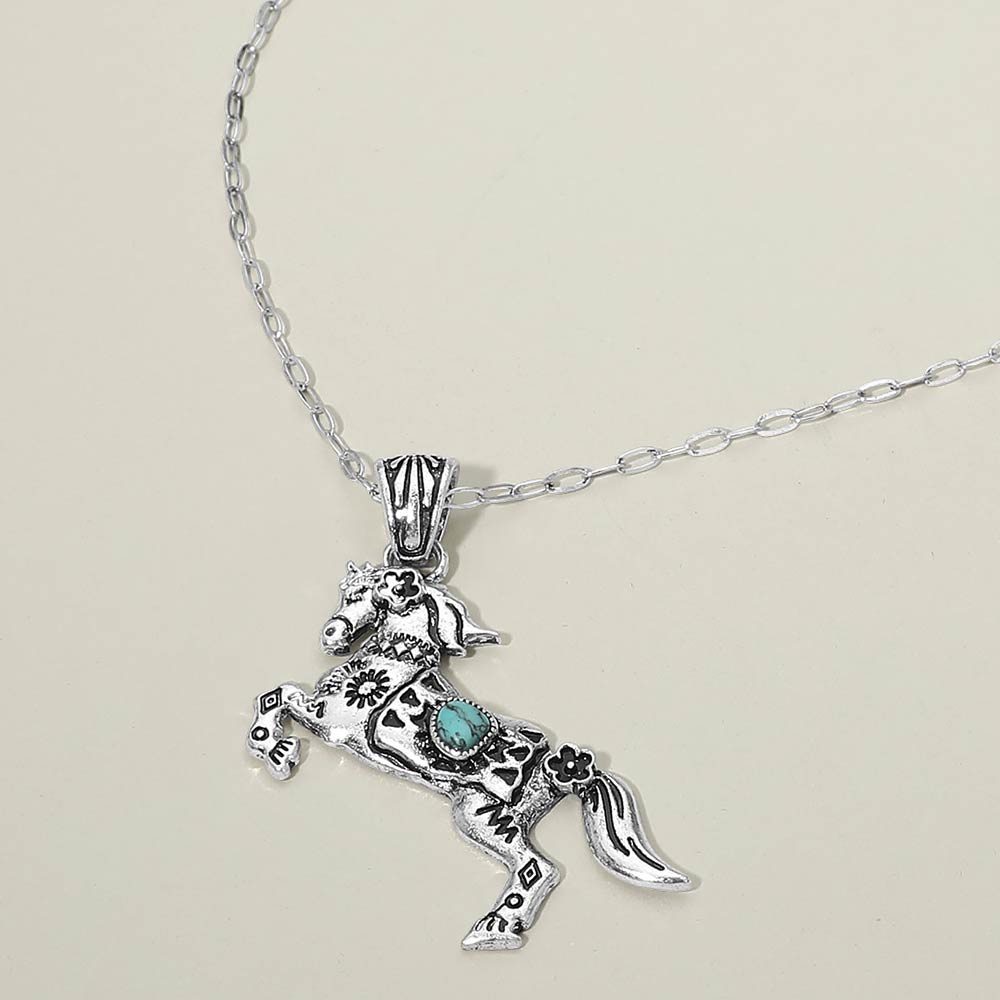 Turquoise Stone Accent Western Horse Pendant Necklace