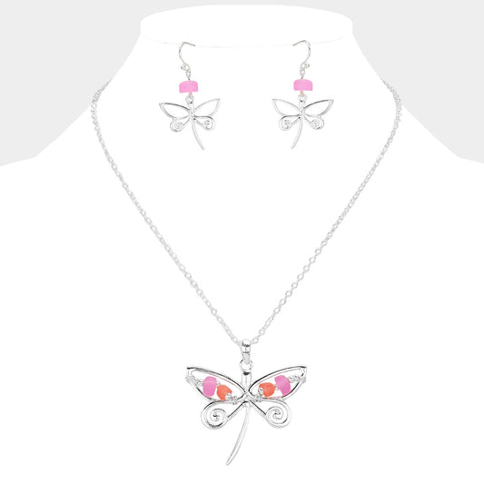 Bean Beads Accented Metal Wire Dragonfly Turtle Pendant Necklace