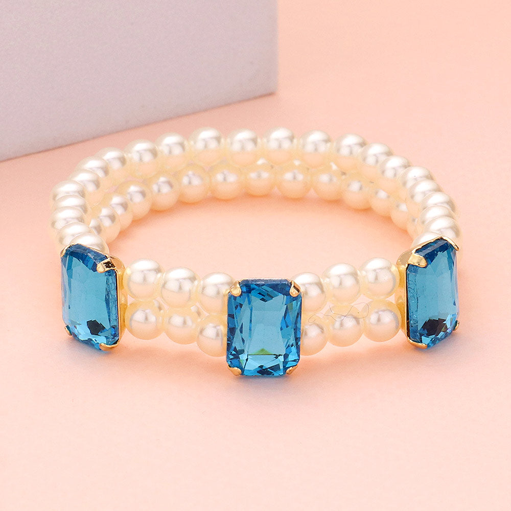 Rectangle Stone Accented Pearl Stretch Bracelet