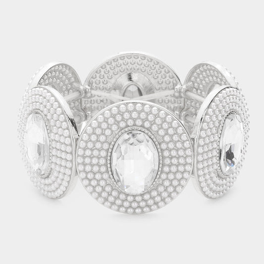 Oval Stone Centered Pearl Cluster Stretch Bracelet