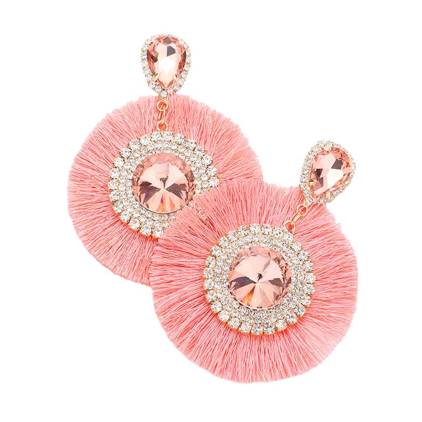 Teardrop Round Stone Accented Tassel Fringe Dangle Earrings