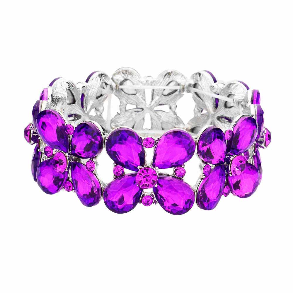Floral Teardrop Glass Crystal Stretch Evening Bracelet