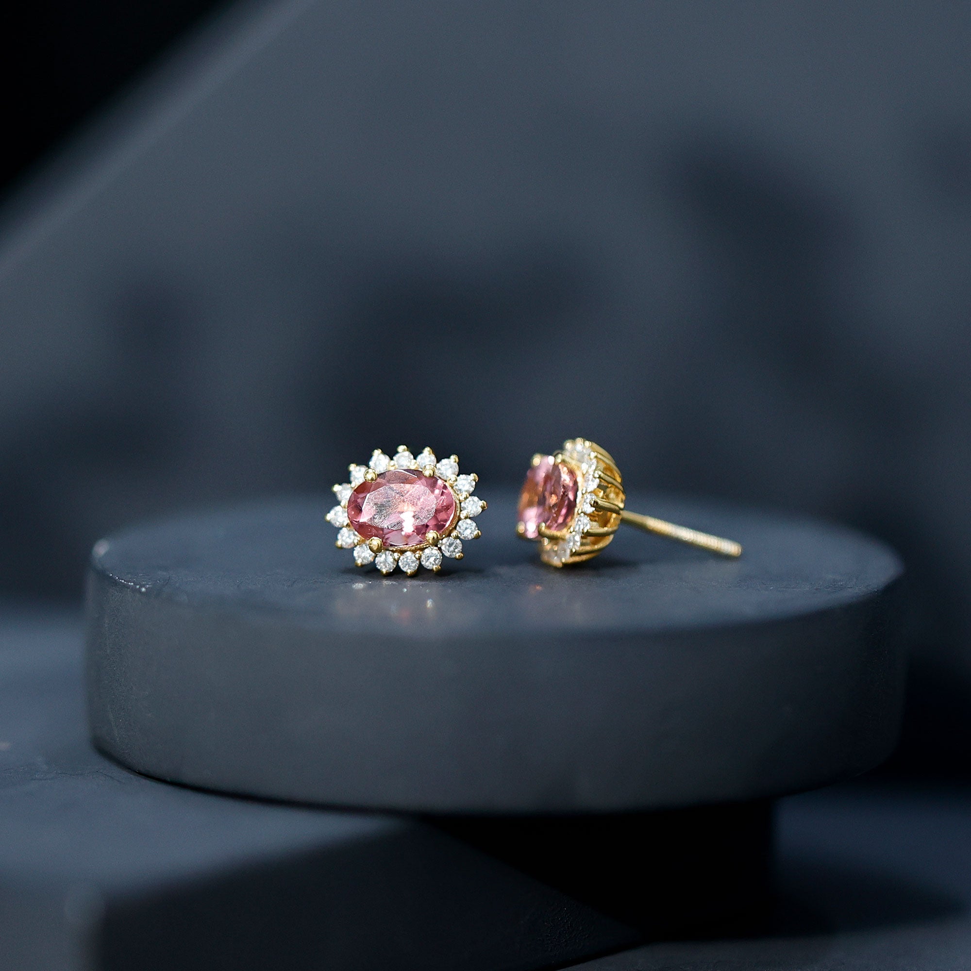 1.3 Carat Oval Pink Tourmaline Stud Earrings with Diamond Halo - Sugar & Spice