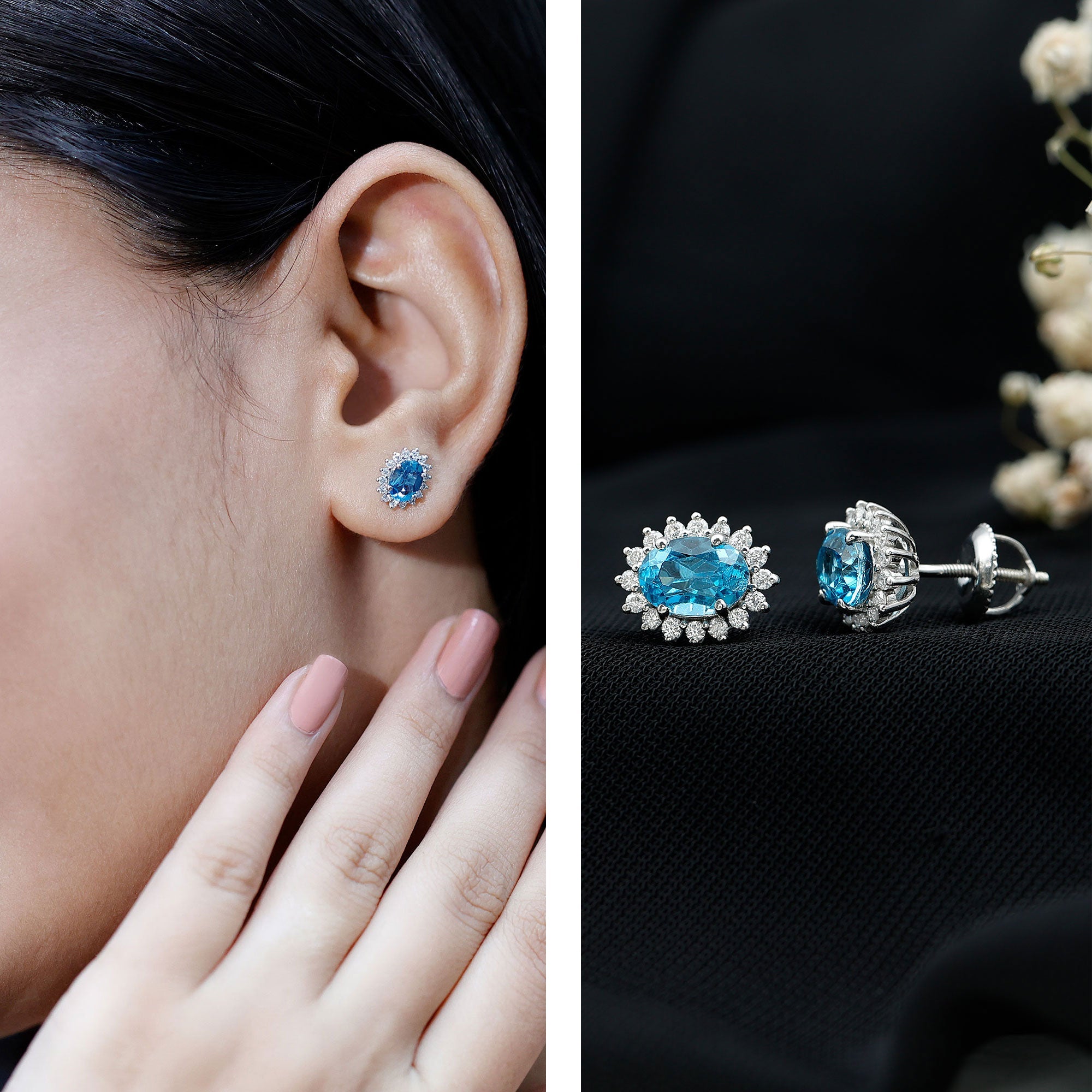 1.6 Carat Oval London Blue Topaz Stud Earrings with Diamond Halo - Sugar & Spice