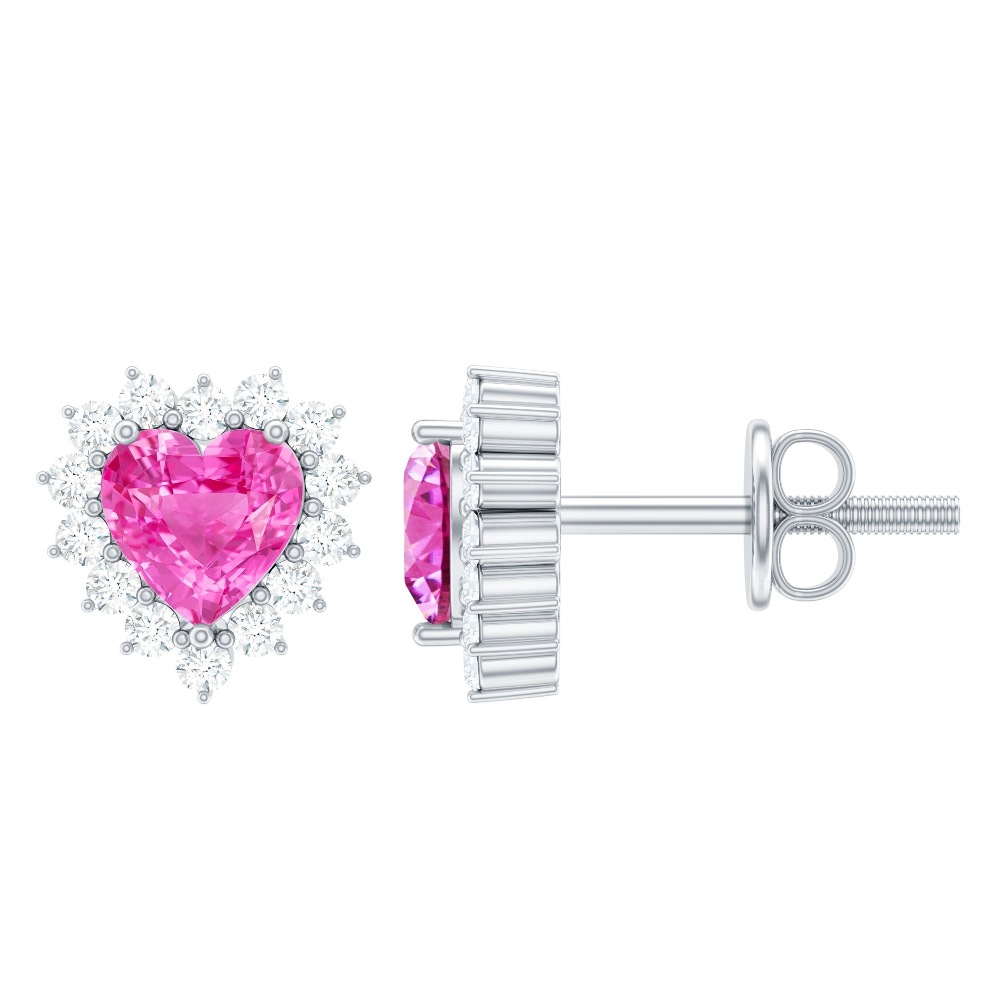 0.6 Carat Lab Grown Pink Sapphire Heart Stud Earrings with Diamond Halo