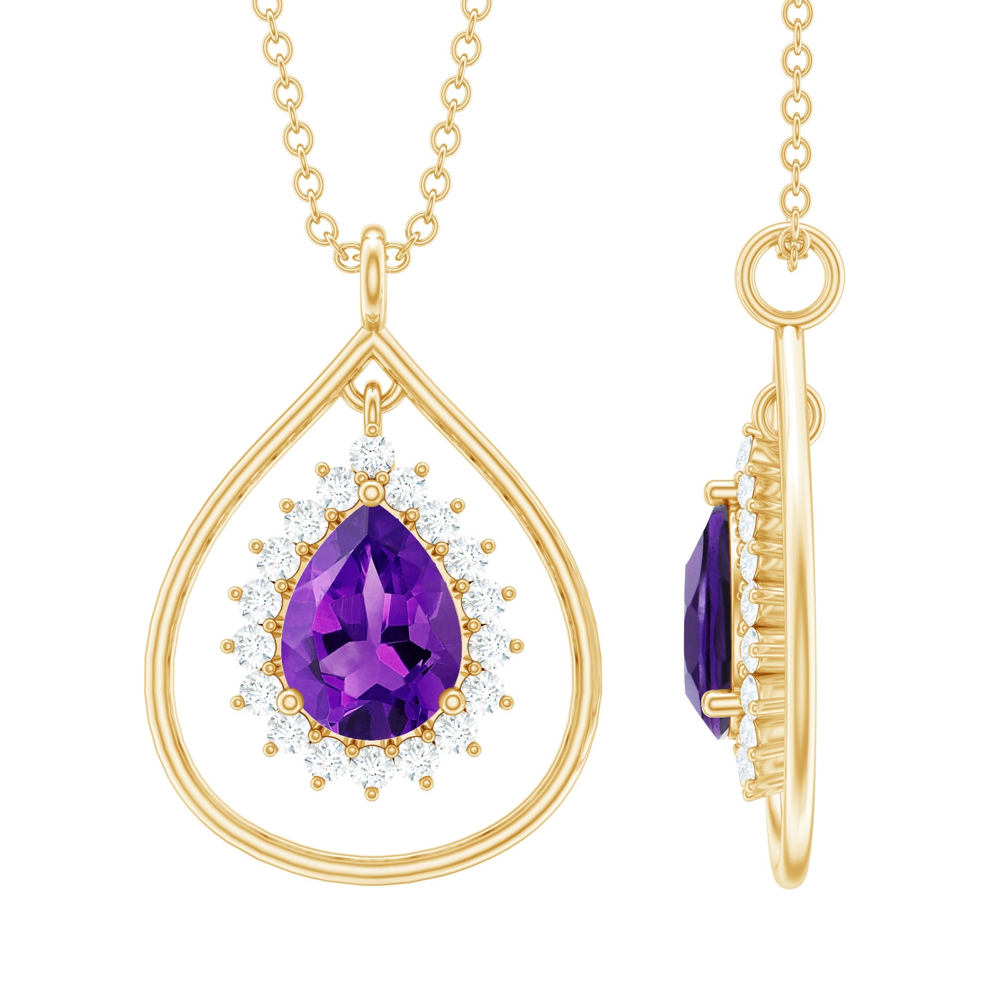 1 Carat Amethyst Teardrop Necklace with Moissanite Halo