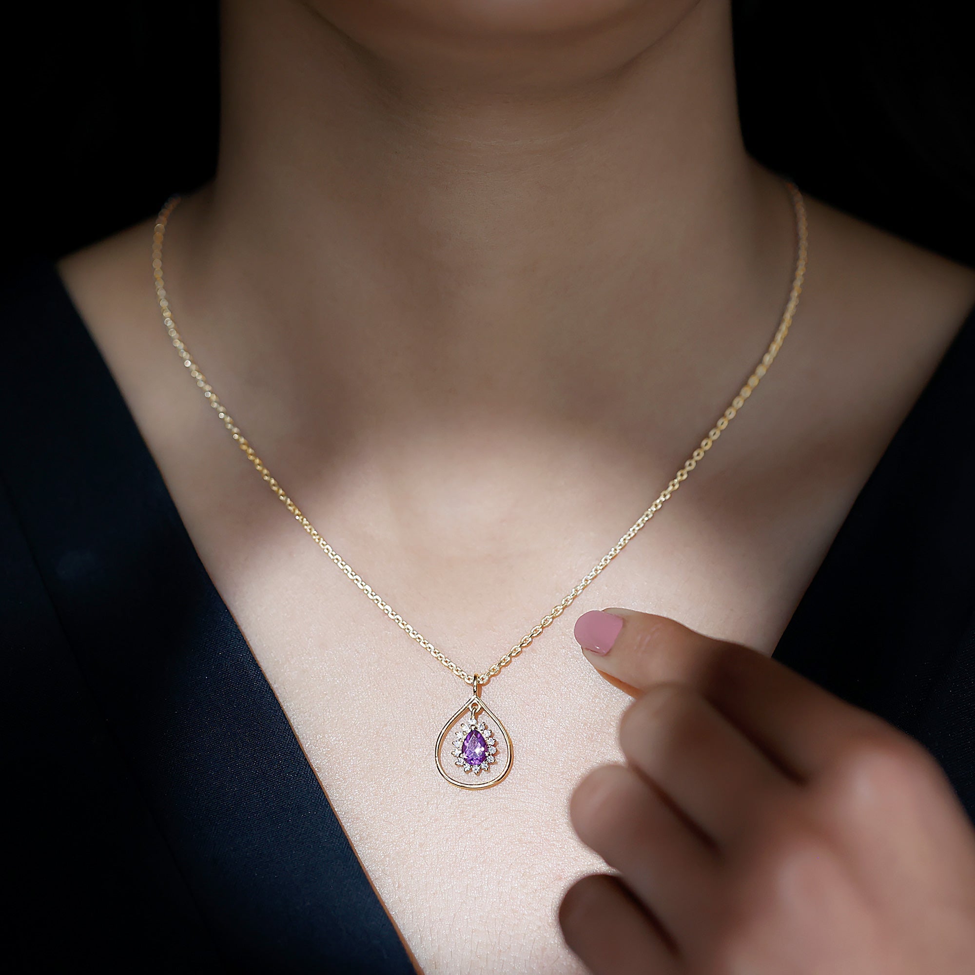 1 Carat Amethyst Teardrop Necklace with Moissanite Halo