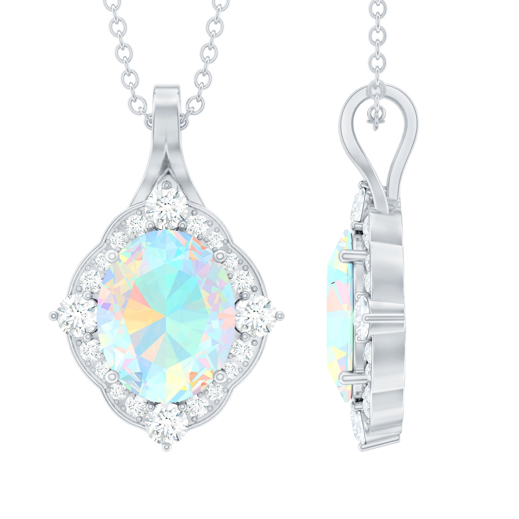 1.3 Carat Oval Cut Rainbow Opal Art Deco Necklace with Moissanite Halo - Sugar & Spice