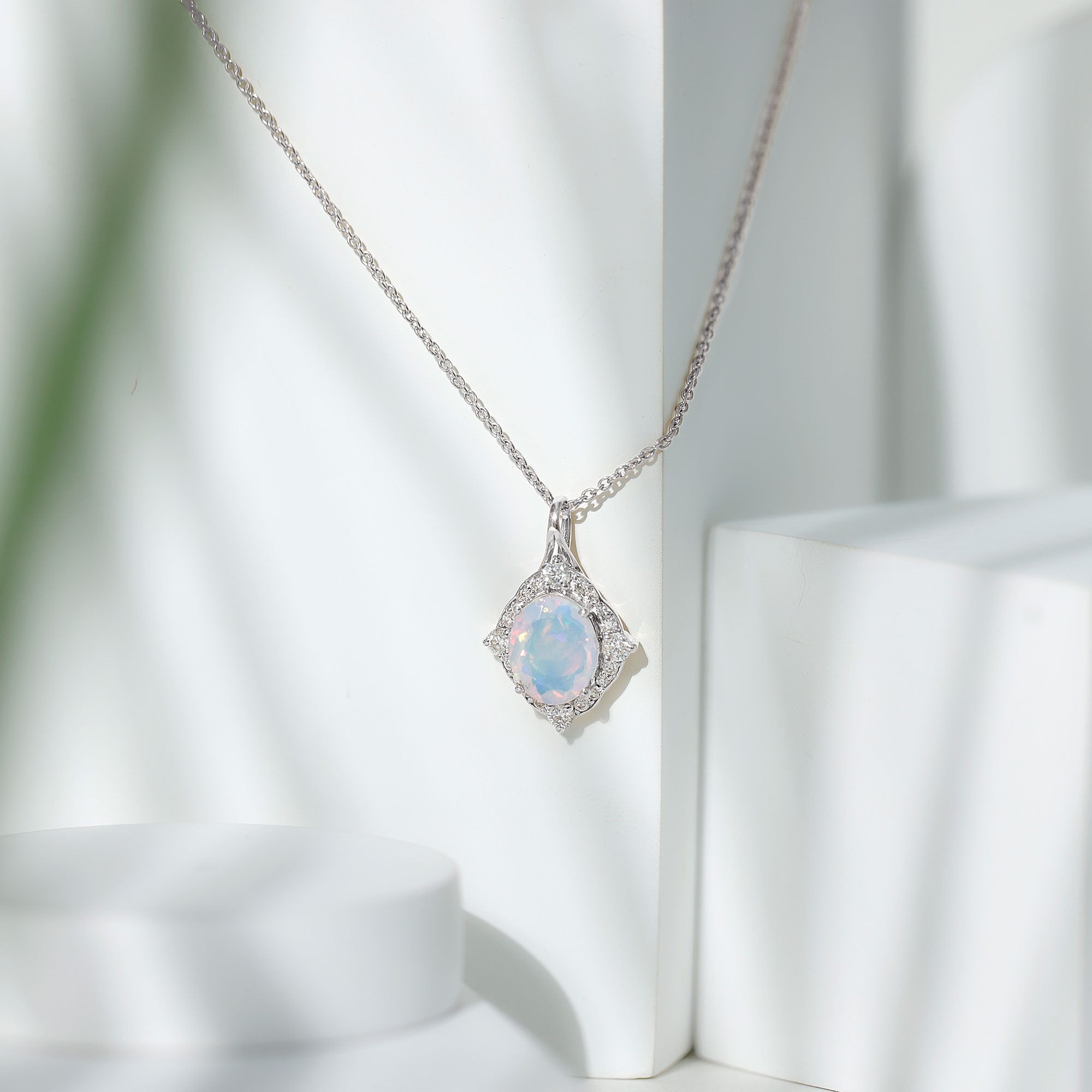 1.3 Carat Oval Cut Rainbow Opal Art Deco Necklace with Moissanite Halo - Sugar & Spice