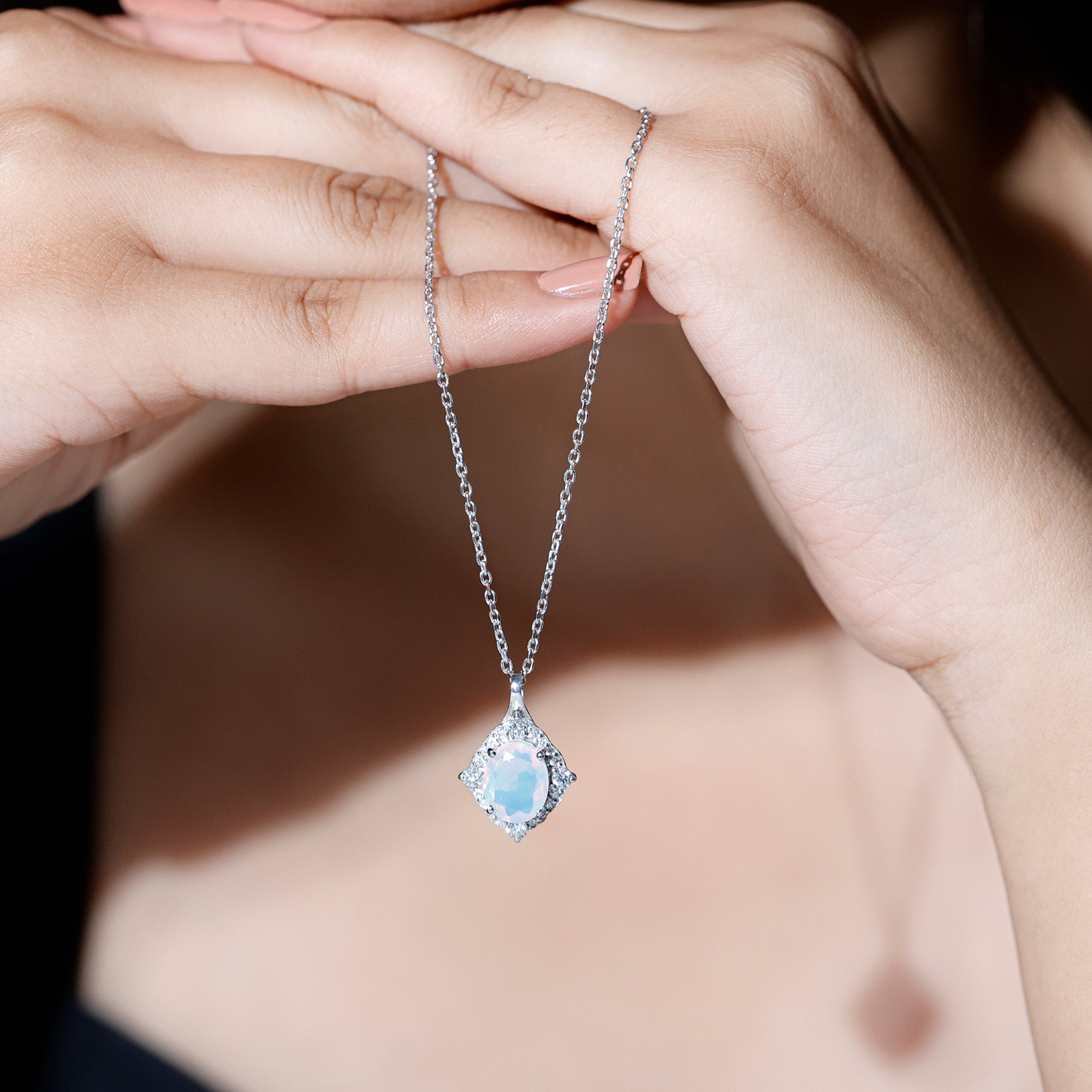 1.3 Carat Oval Cut Rainbow Opal Art Deco Necklace with Moissanite Halo - Sugar & Spice