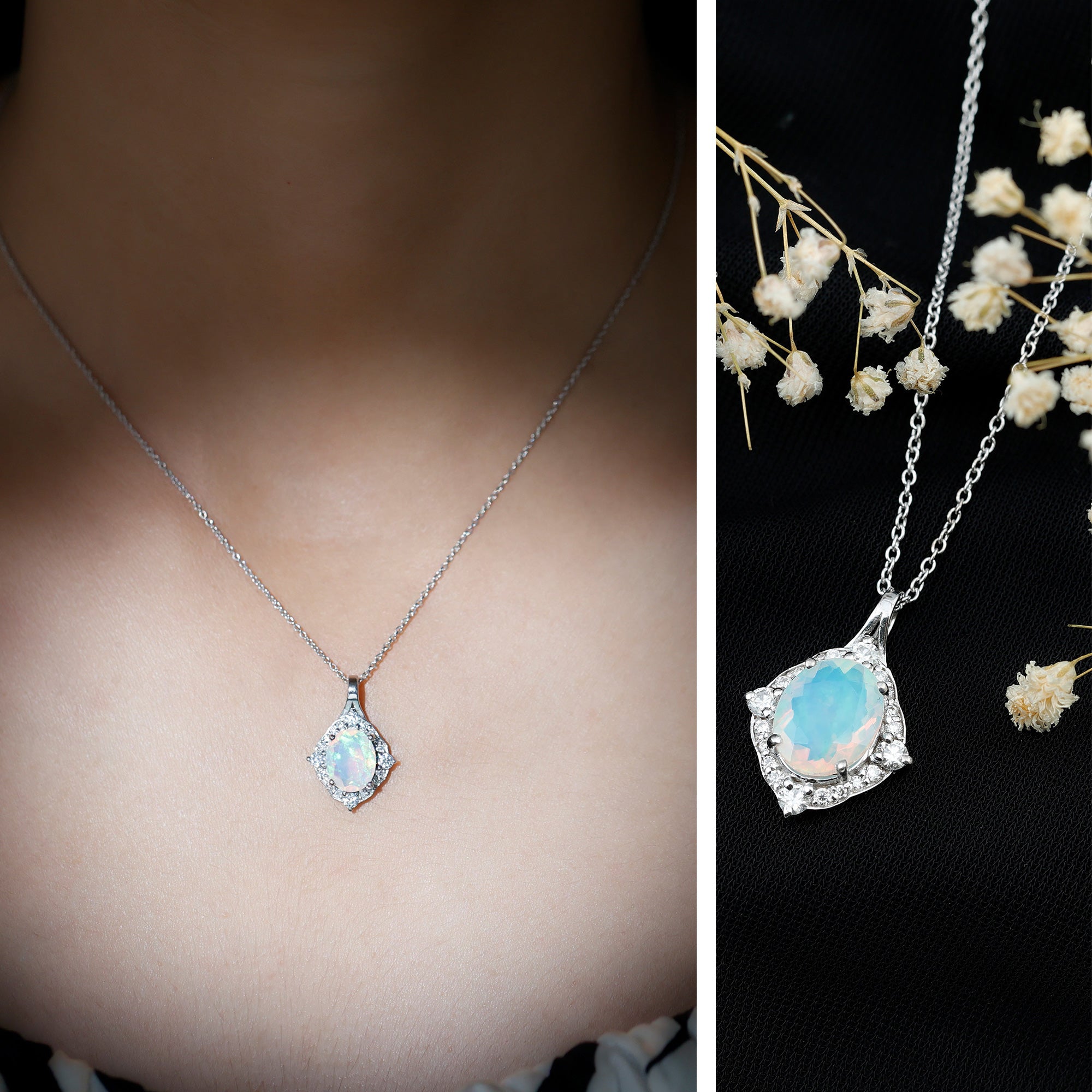 1.3 Carat Oval Cut Rainbow Opal Art Deco Necklace with Moissanite Halo - Sugar & Spice