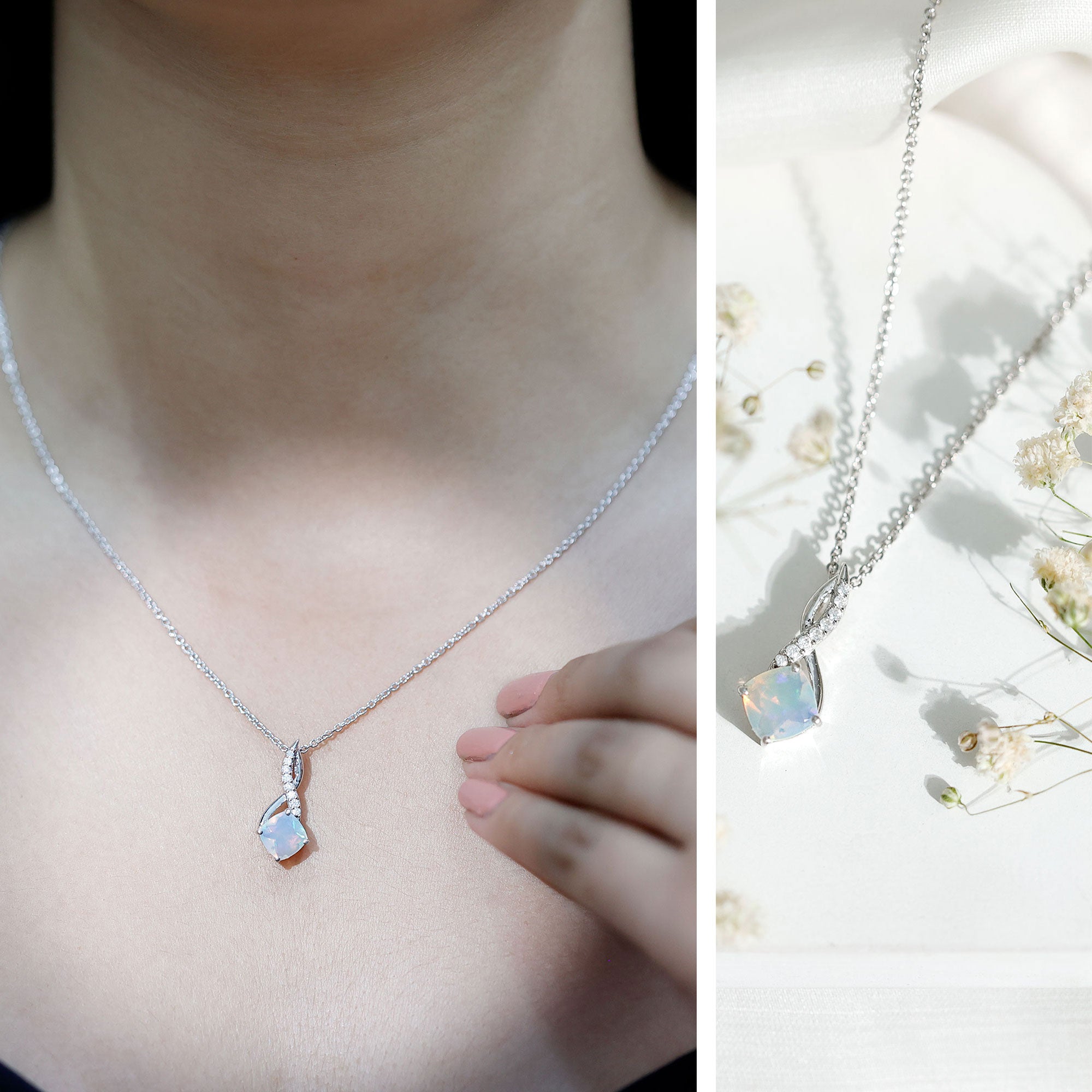 1.87 Carat Cushion Cut Ethiopian Opal Infinity Pendant with Silver Chain - Sugar & Spice