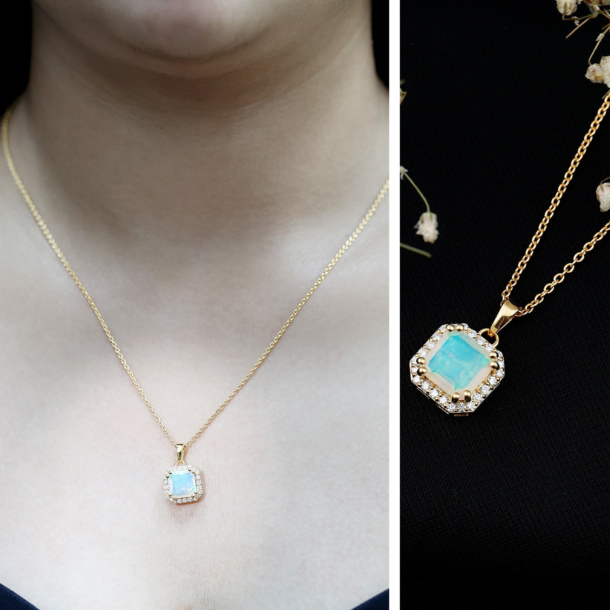 1.25 Carat Asscher Cut Ethiopian Opal Necklace with Diamond Halo