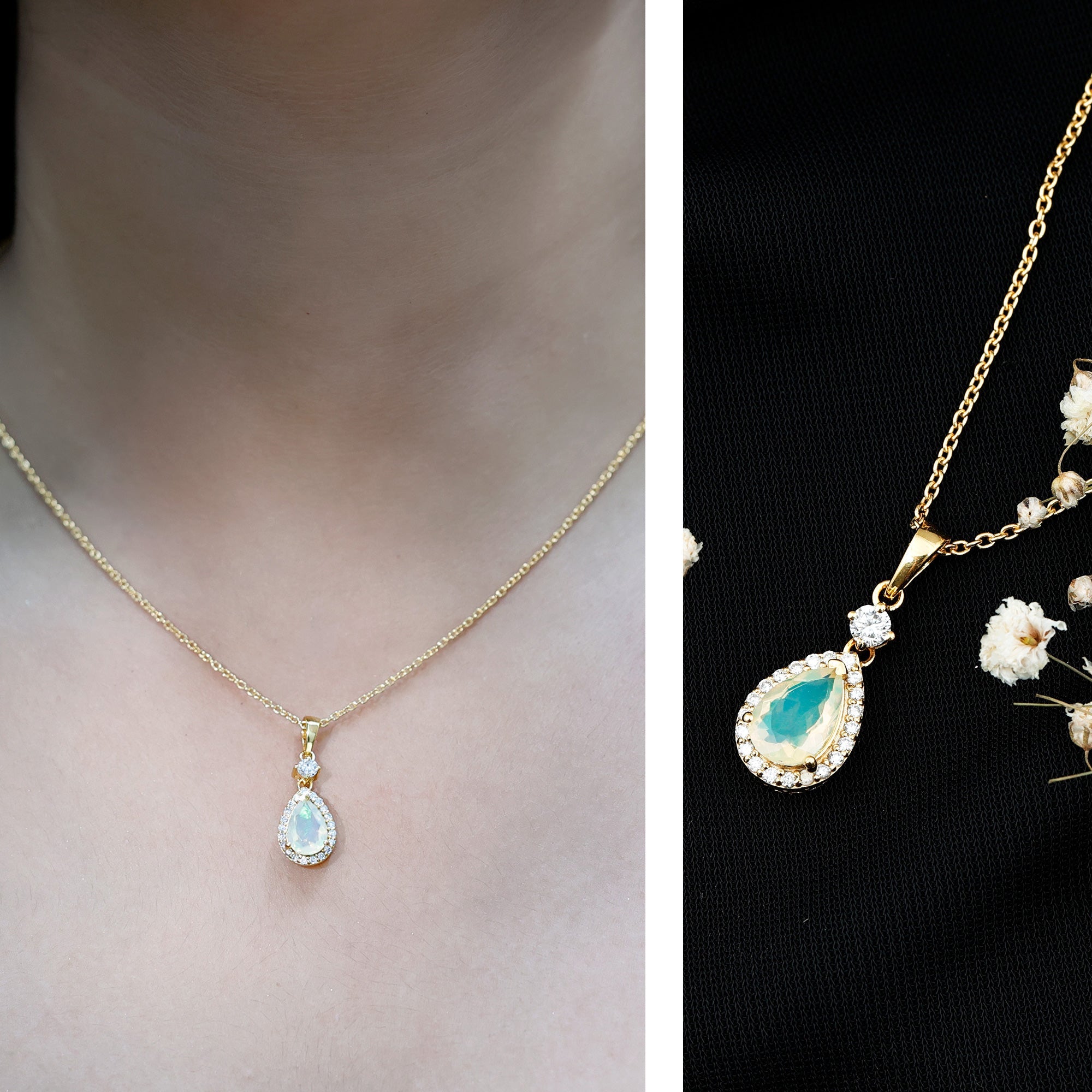 1 Carat Ethiopian Opal Teardrop Necklace with Diamond Halo