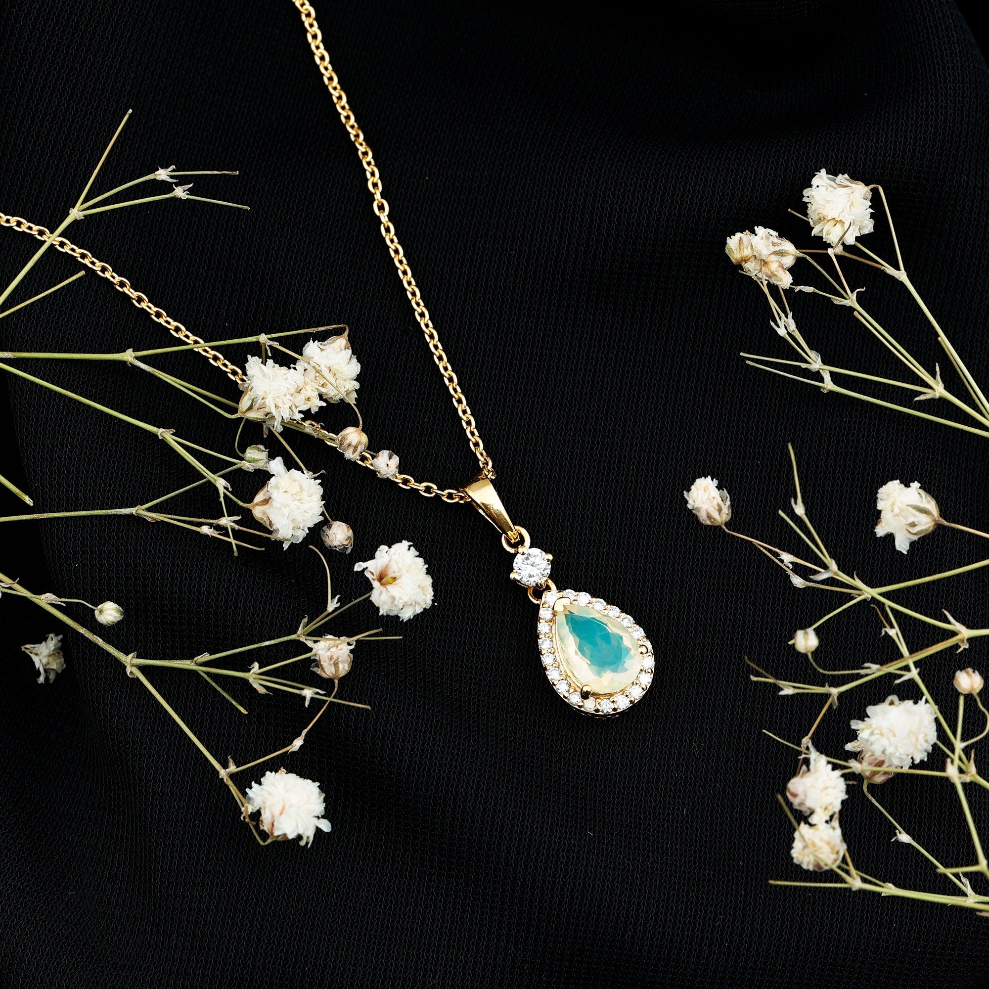 1 Carat Ethiopian Opal Teardrop Necklace with Diamond Halo