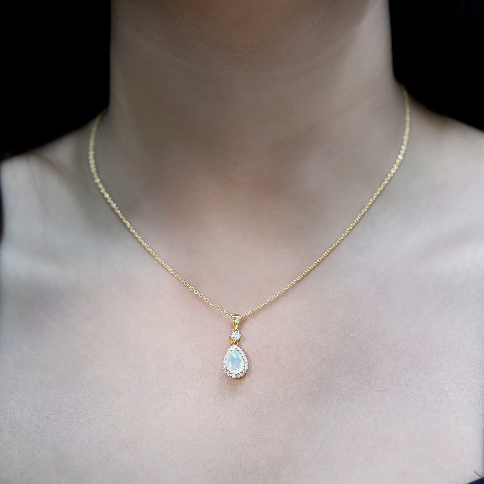 1 Carat Ethiopian Opal Teardrop Necklace with Diamond Halo