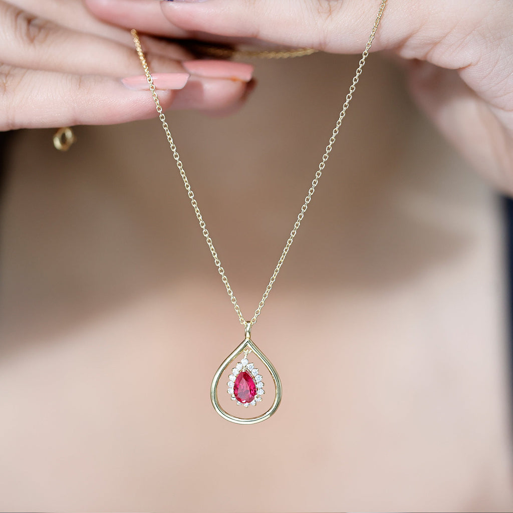 1.3 Carat Lab Grown Ruby Teardrop Necklace with Lab Diamond - Sugar & Spice
