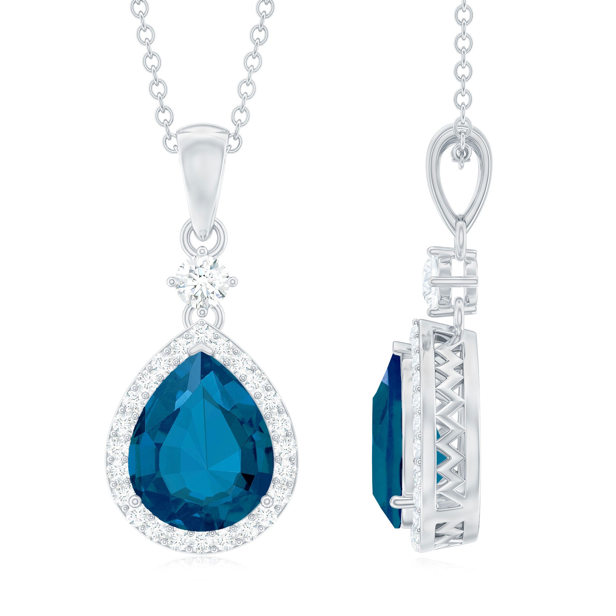 1.75 Carat London Blue Topaz Teardrop Necklace with Moissanite Halo - Sugar & Spice