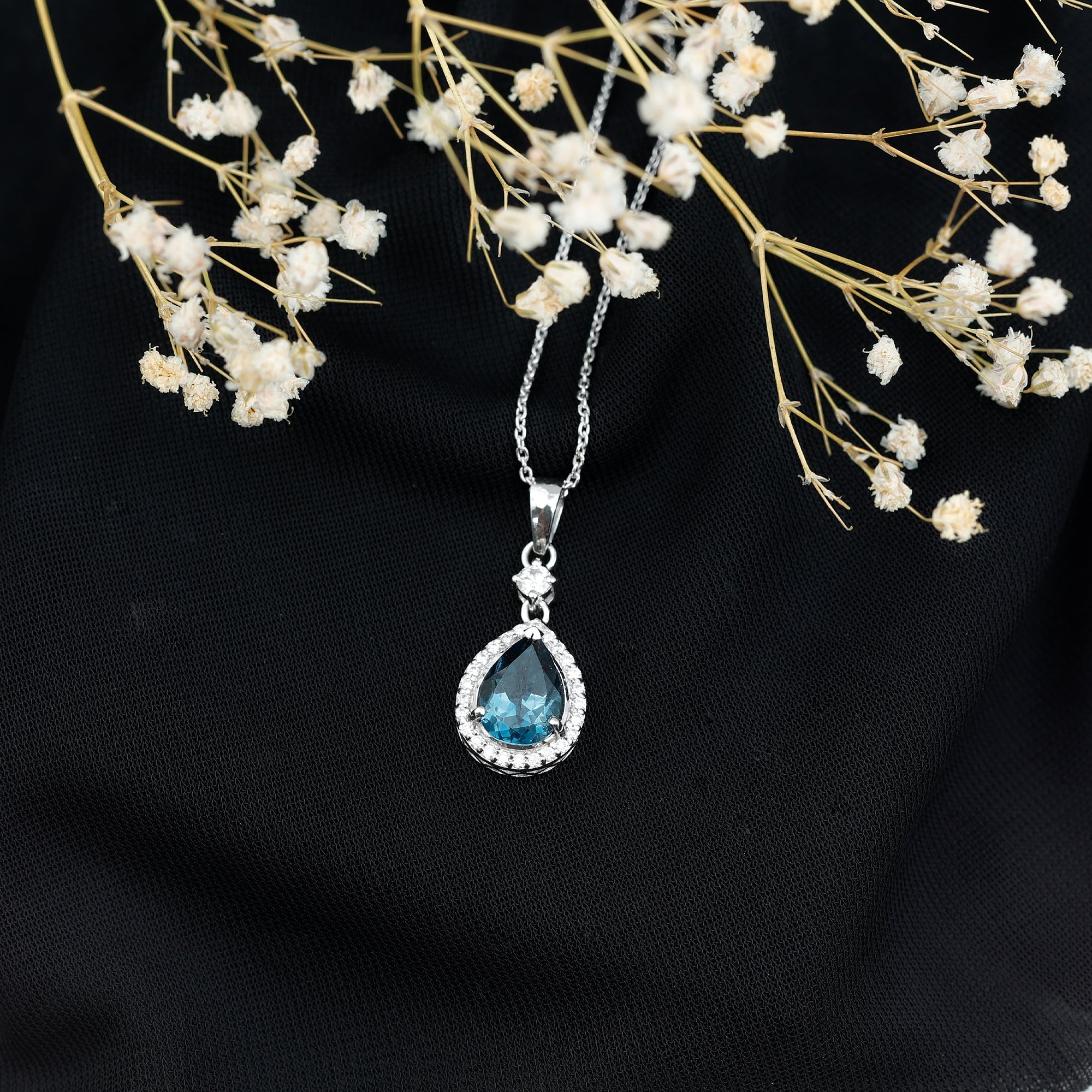 1.75 Carat London Blue Topaz Teardrop Necklace with Moissanite Halo - Sugar & Spice
