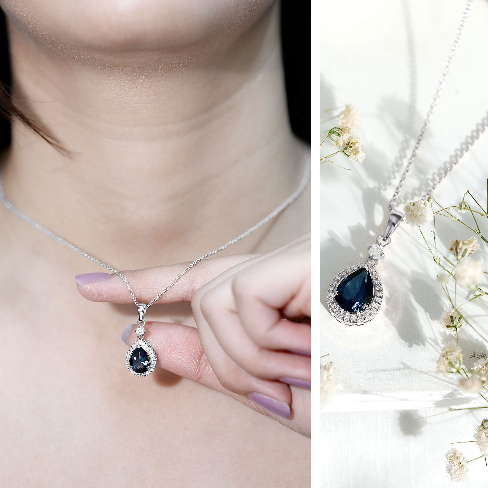 1.75 Carat London Blue Topaz Teardrop Necklace with Moissanite Halo - Sugar & Spice