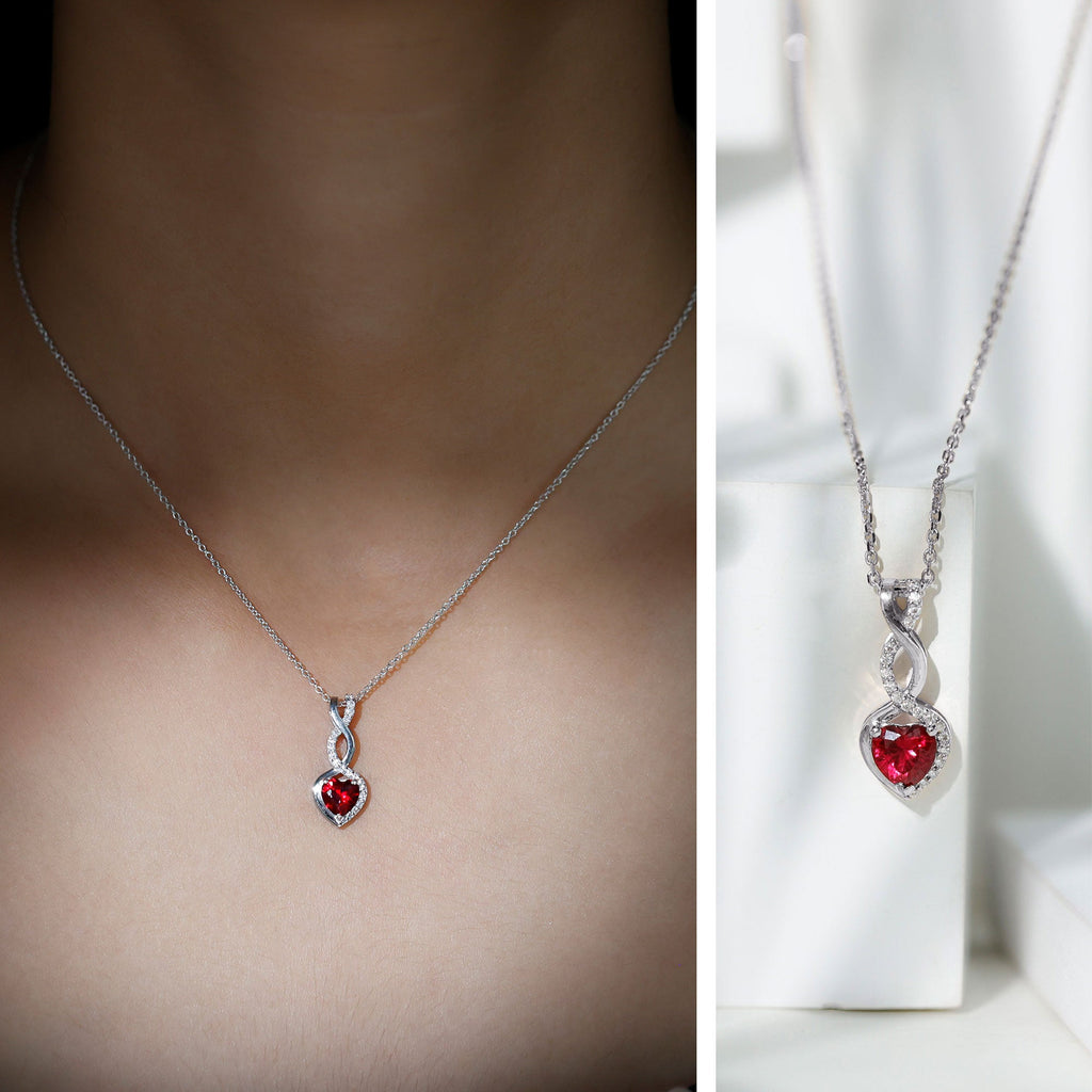 1 Carat Lab Grown Ruby Heart and Infinity Necklace with Silver Chain - Sugar & Spice