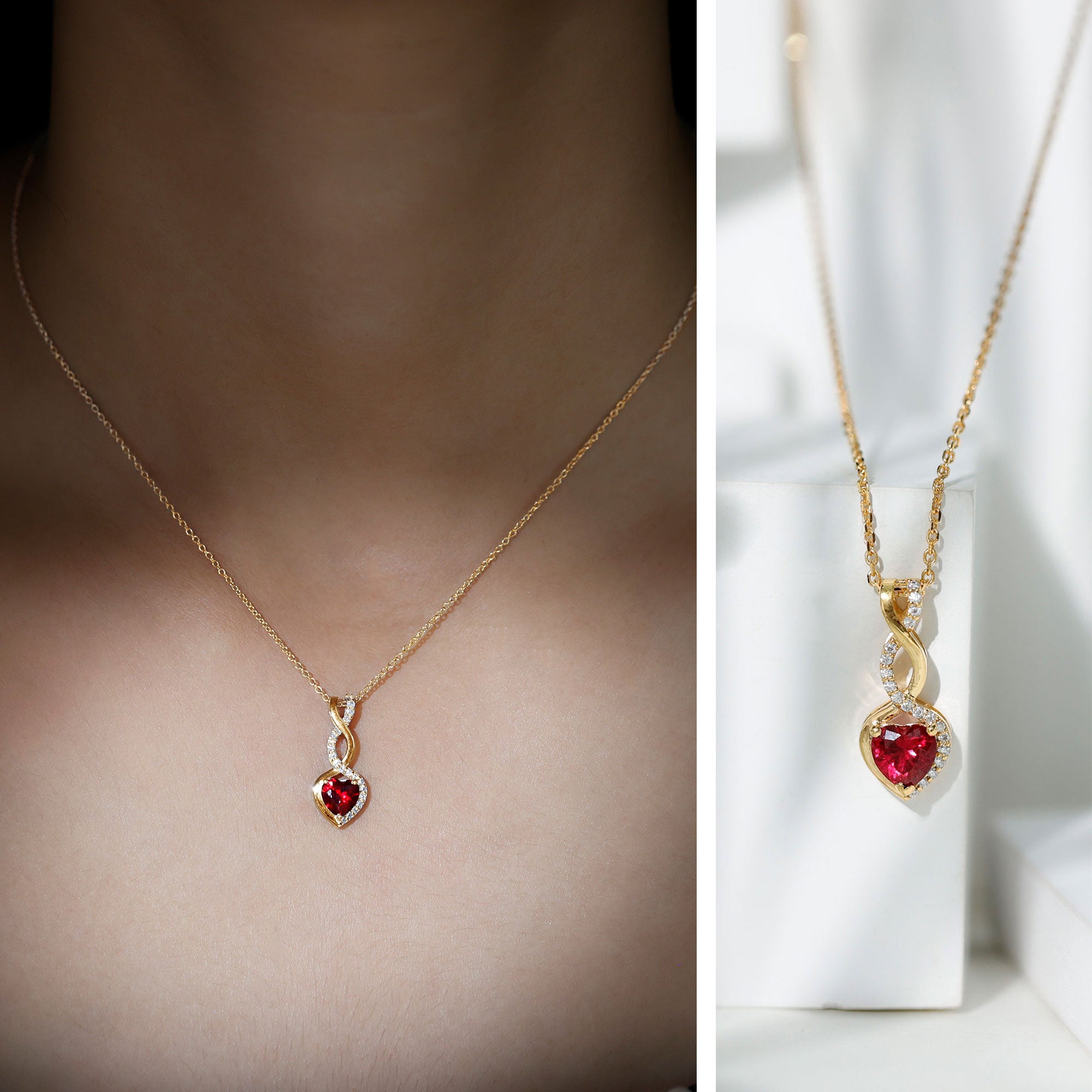 1 Carat Lab Grown Ruby Heart and Infinity Necklace with Silver Chain - Sugar & Spice