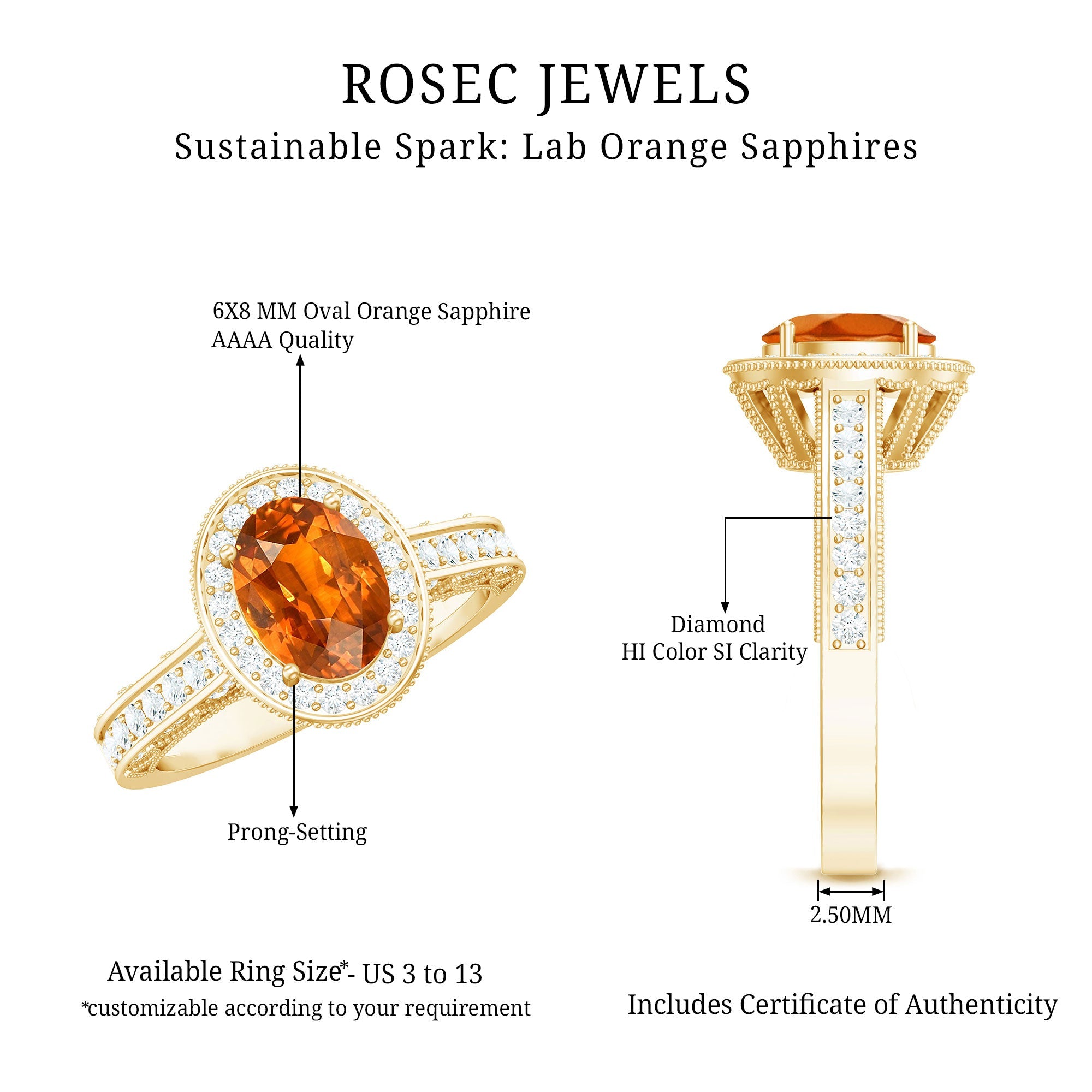 1.5 Carat Lab Grown Orange Sapphire Engagement Ring with Diamond Halo