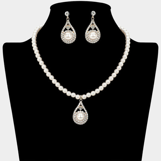 Pearl Accent Rhinestone Paved Teardrop Pendant Pearl Necklace