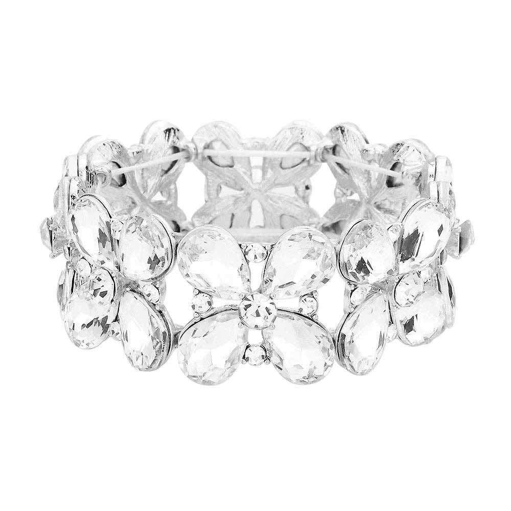 Floral Teardrop Glass Crystal Stretch Evening Bracelet