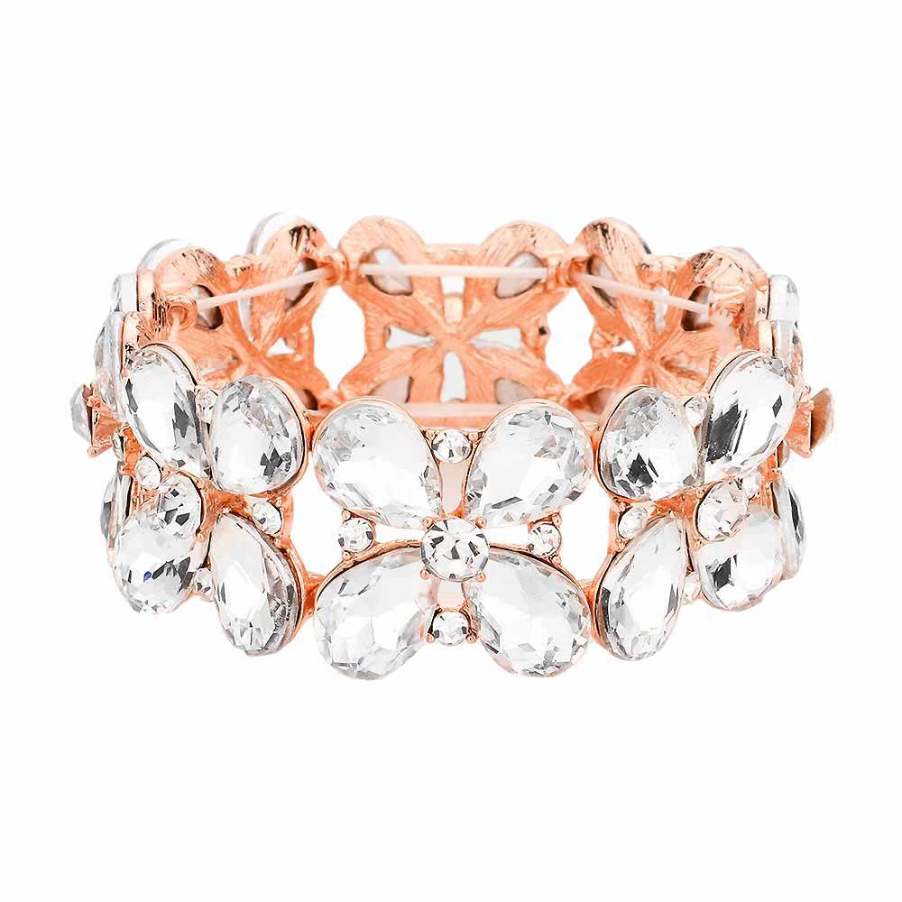 Floral Teardrop Glass Crystal Stretch Evening Bracelet