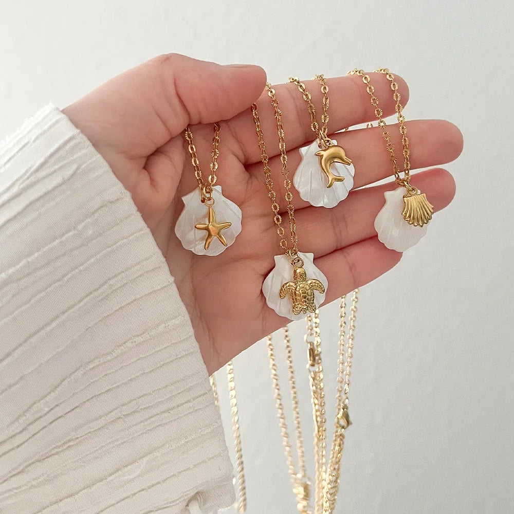 Boho Big White Shell Pendant Neckalce Gold Color Conch Sea Turtle Star Stainless Steel Choker Waterproof Beach Summer Jewelry