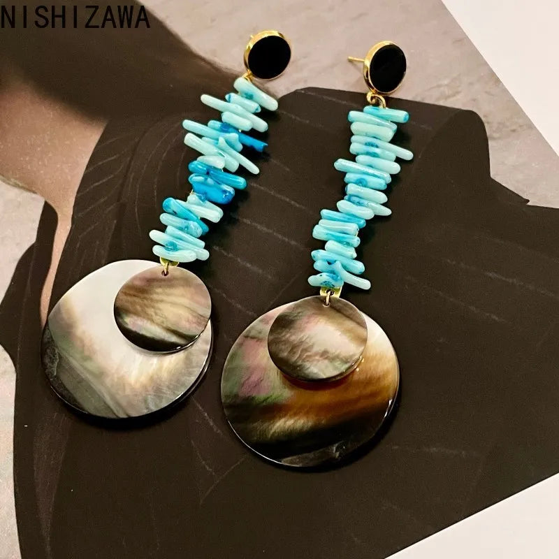 NISHIZAWA Shell Dangle Earrings for Women Geometric Stones Vintage Jewelry Fashion Elegant Irregular Aretes De Mujer