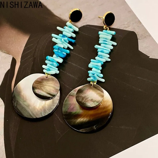 NISHIZAWA Shell Dangle Earrings for Women Geometric Stones Vintage Jewelry Fashion Elegant Irregular Aretes De Mujer