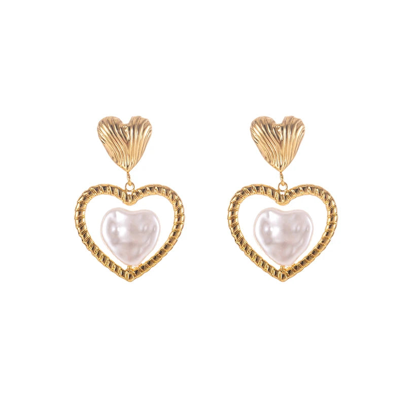 ANENJERY 316L Stainless Steel Imitation Pearls Hollow Heart Stud Earrings For Women French Vintage Luxury Niche Jewelry Gift