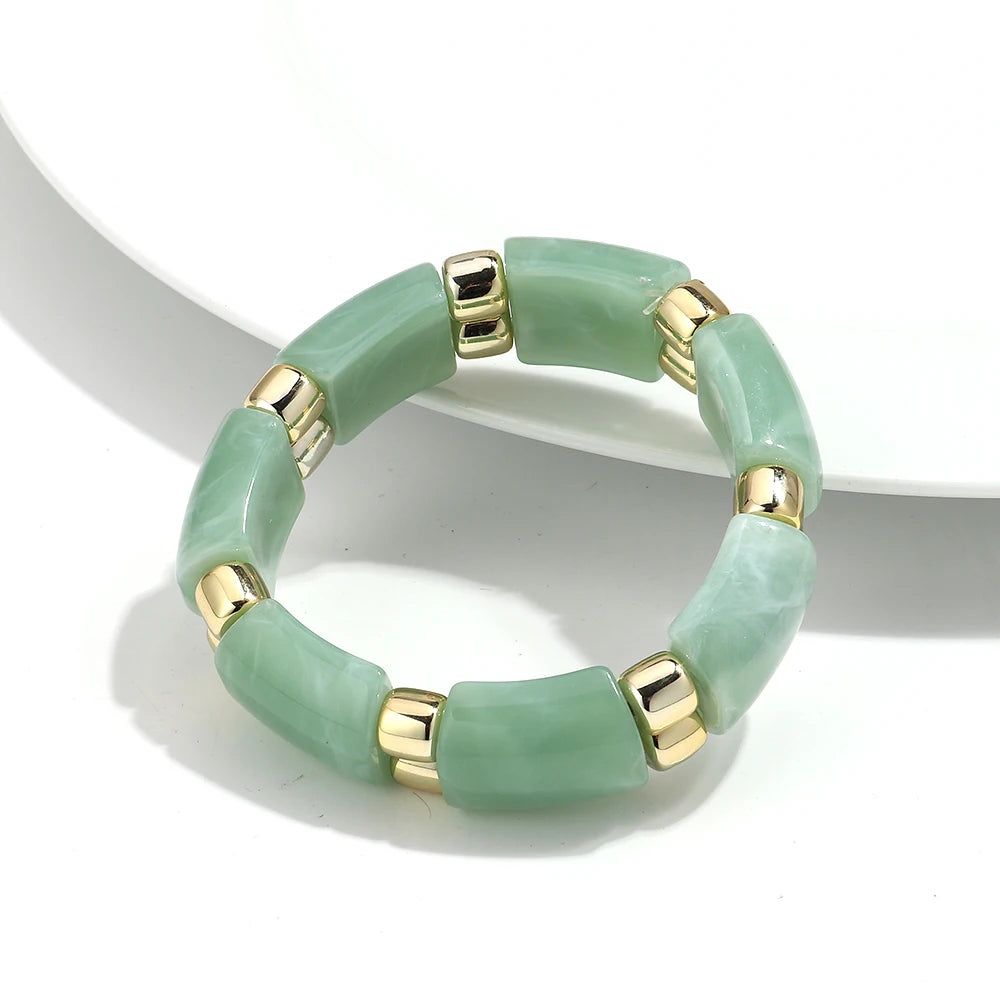 Vintage Acrylic Marbled Elastic Beads Bangle Bracelets for Women Fashion Golden CCB Round Beaded Cuff Bracelet Jewelry Gifts