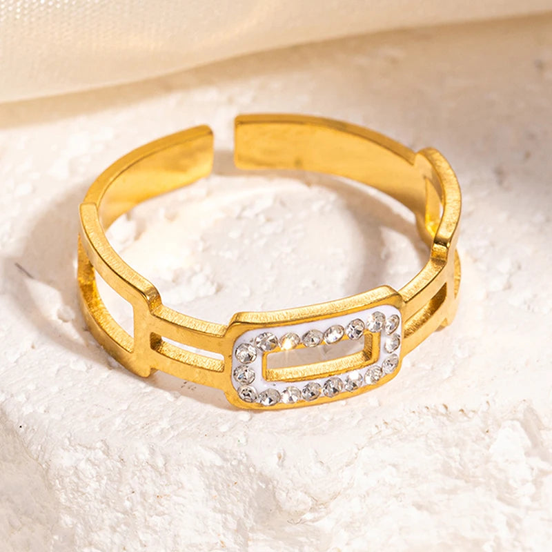 ANENJERY 316L Stainless Steel Turquoise Zircon Hollow Open Multi Layered Ring for Women Vintage Niche Jewelry Gifts Wholesale