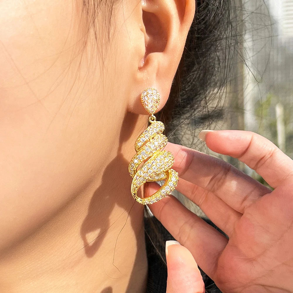 ThreeGraces Luxury Fashion Shiny White Zirconia Bridal Wedding Party Long Twist Lines Drop Earrings for Women Jewelry E1053