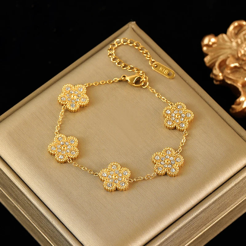 EILIECK New Fashion Stainless Steel Pink Zircon Clover Necklace Bracelet Earrings Set For Women Trendy Flower Jewelry Set Gift
