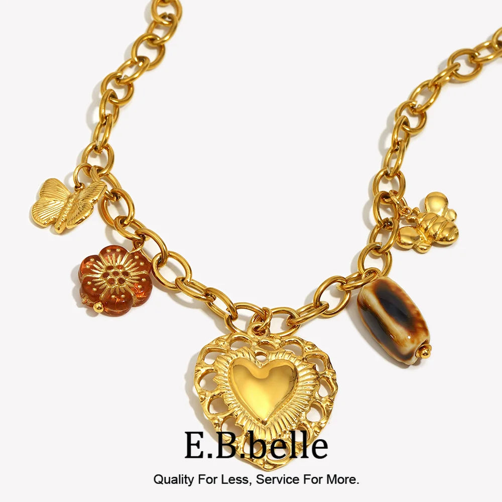 E.B.belle Vintage Style PVD Plated  Hollow Heart Butterfly Charm Necklace Stainless Steel Women Waterproof Party Neck Jewelry